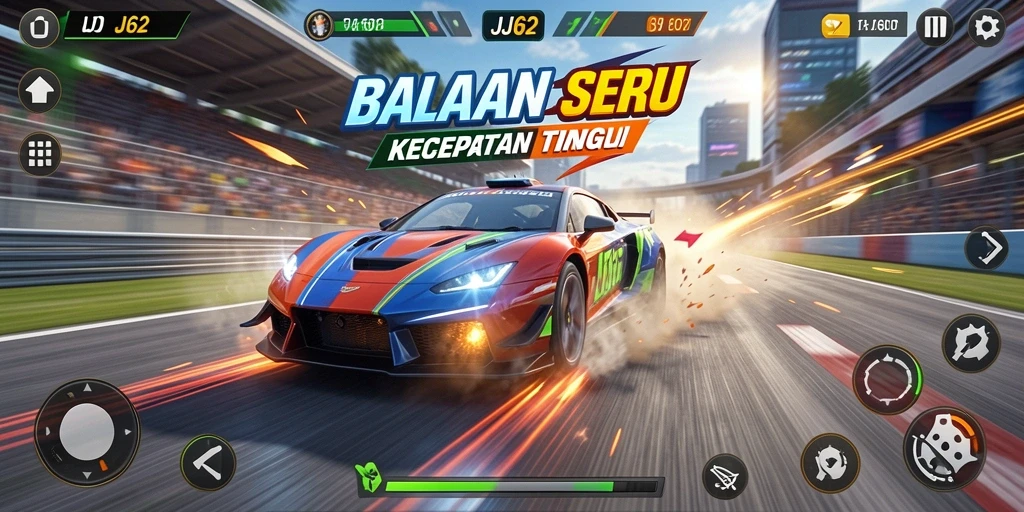 Screenshot gameplay JJ62 yang menampilkan aksi balapan mendebarkan.