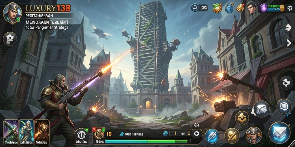 Screenshot gameplay LUXURY138 menampilkan pertahanan menara yang intens.
